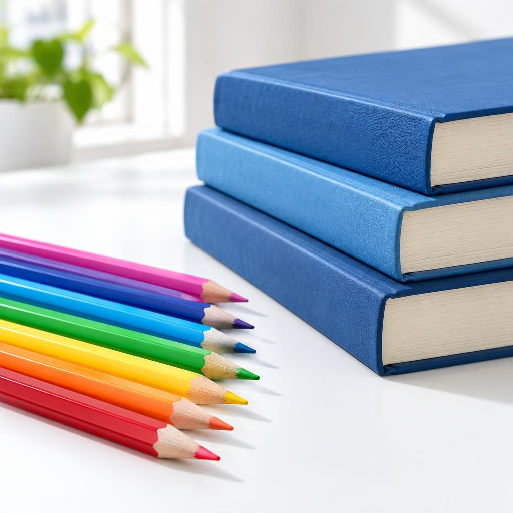 Pilha de livros azuis e lápis de cor