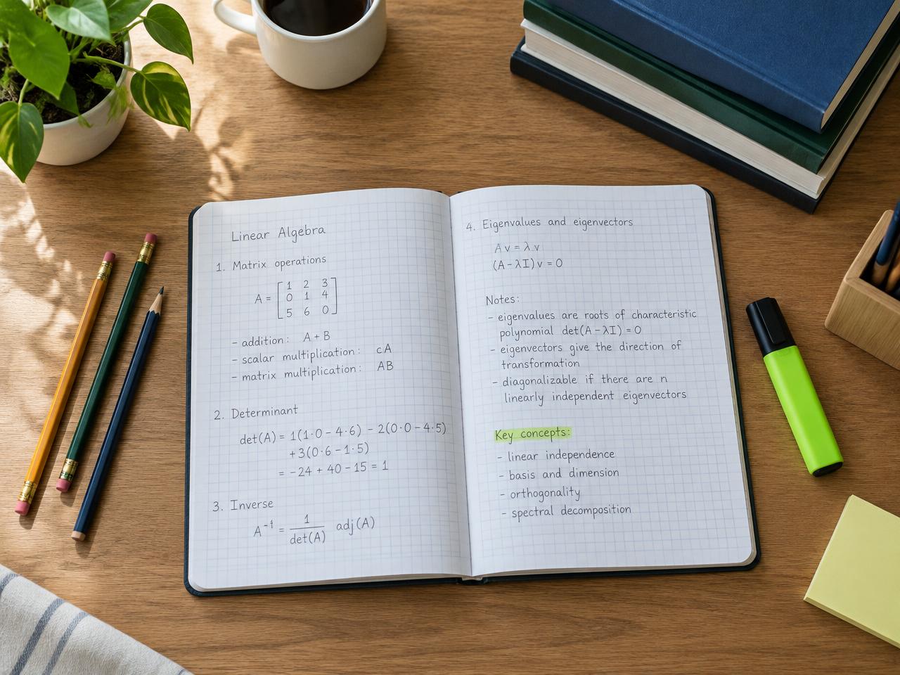 Secretária com caderno quadriculado, lápis e livros
