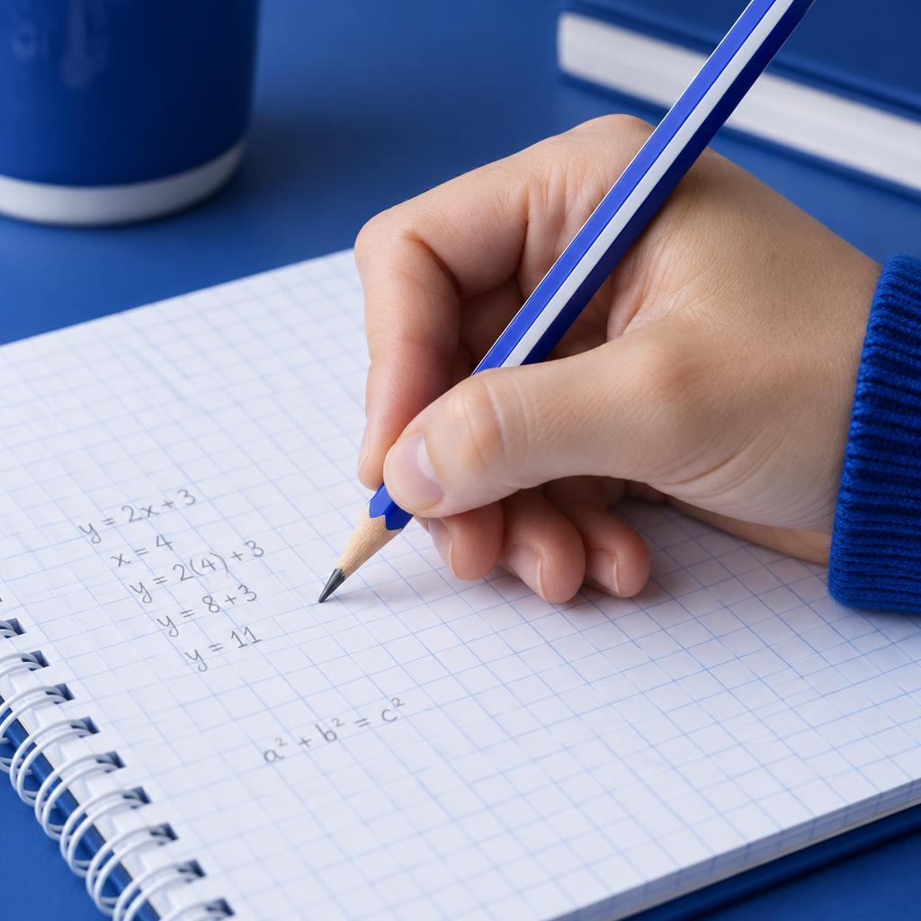 Mão a escrever num caderno quadriculado